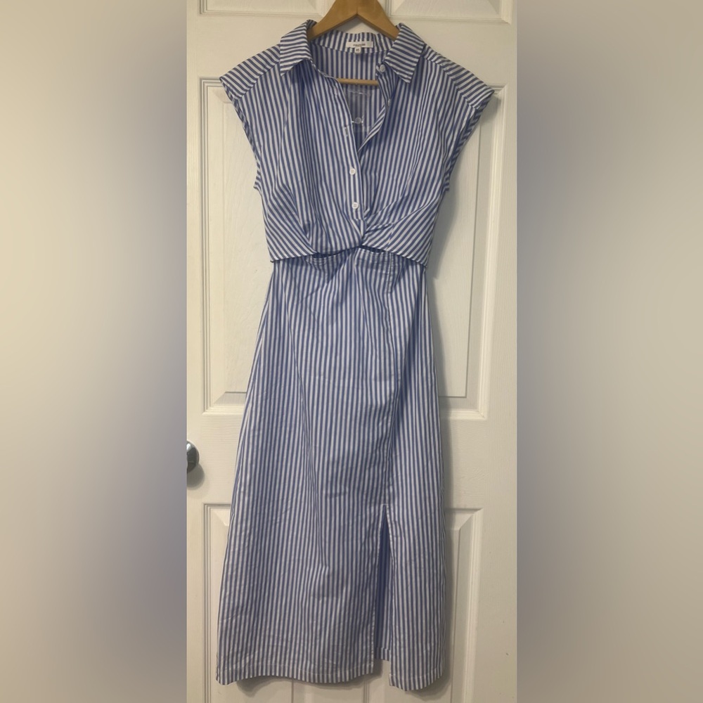 Maurices Blue White Striped Twist-Front Cutout Midi Shirt Dress Sz XS Preppy